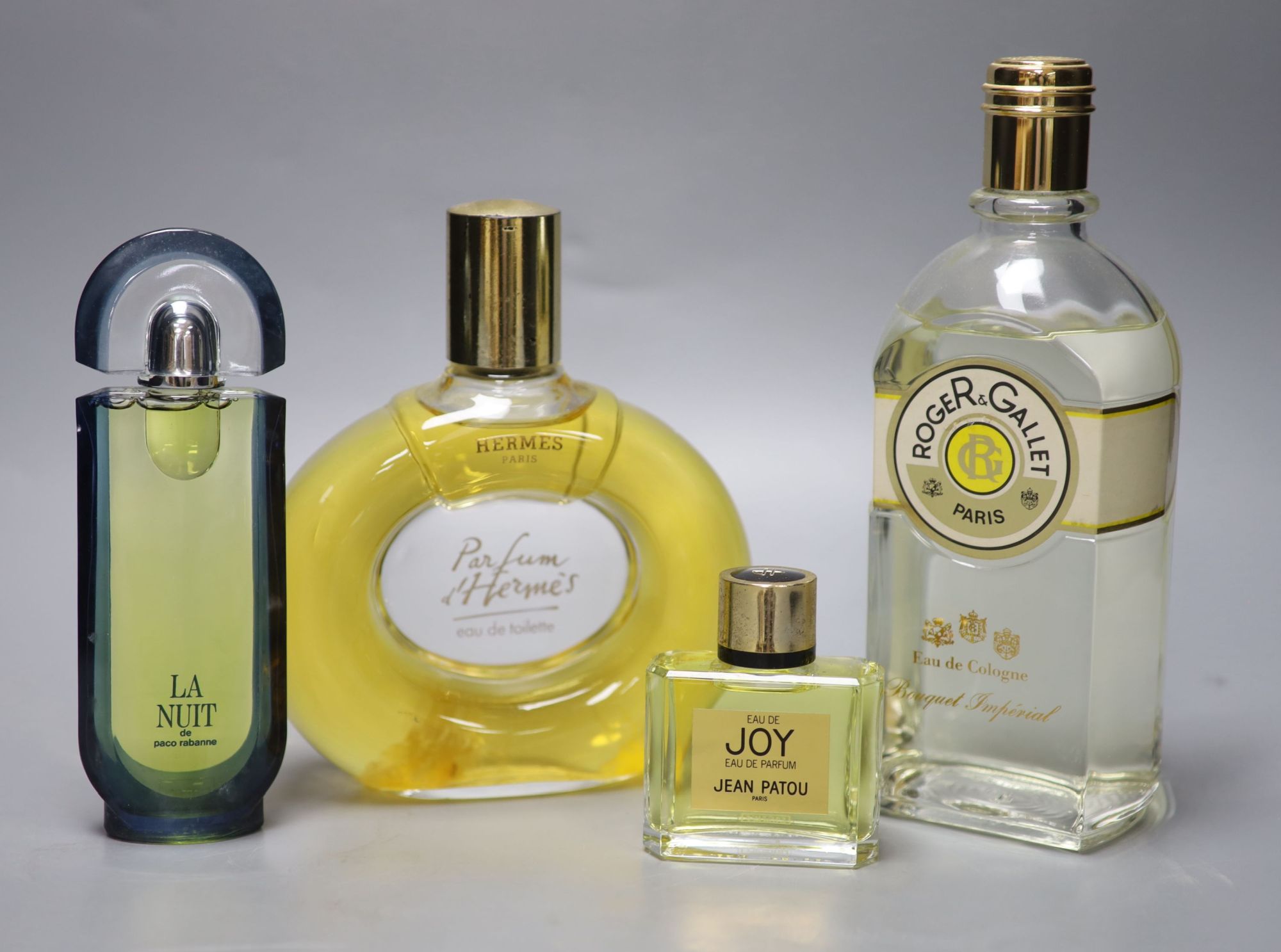 Four advertising display dummy factices; Roger & Gallet, Jean Patou, Paco Rabanne La Nuit and Hermes